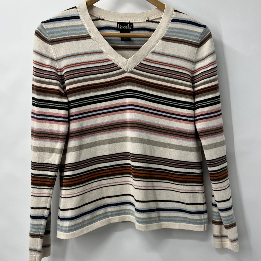 Vintage Rafaella Multicolor Striped Sweater Sz Large Rainbow V-Neck Knit 90s Y2K
